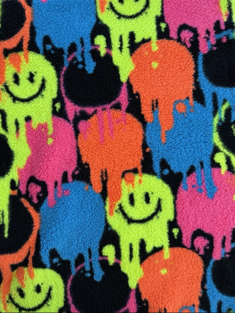 Neon Happy Face Sherpa Soft Bulky Fabric 2 Yards X 64” W Yellow Orange Pink Blck